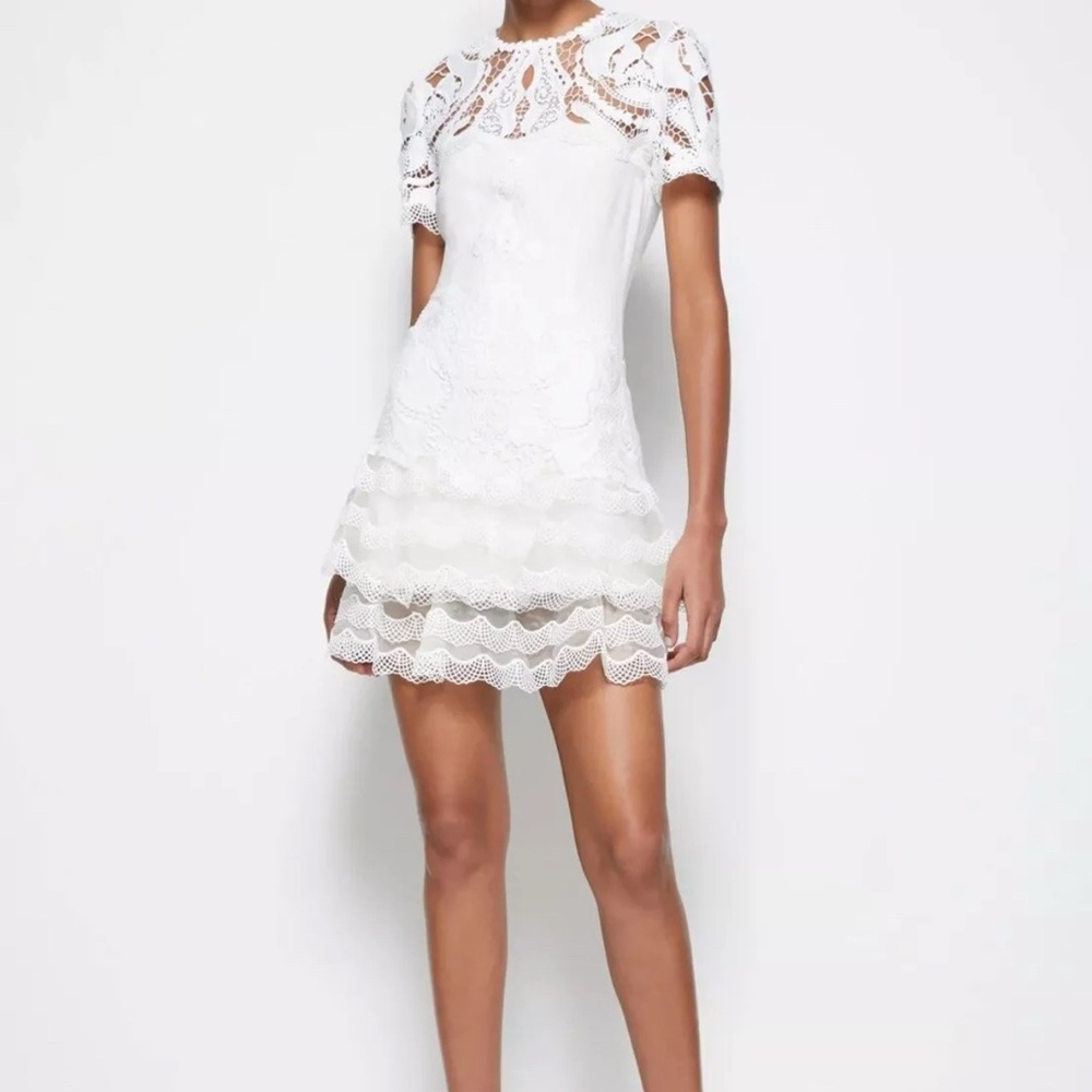Jonathan Simkhai White Paislee Lace Layered Handkerchief Hem Tee Mini Dress sz 6